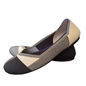 Rothy’s The Flat Round Toe Ballet Flat in Navy Blue & White Checkered Print 7.5
